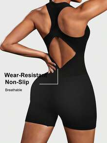 Aaseow Abbigliamento sportivo da donna, tuta sportiva basic a costine senza cuciture, tuta sportiva a costine di colore unito, tuta jumpsuit elastica, tuta jumpsuit modellante per primavera ed estate - nero - Visualizzare 4