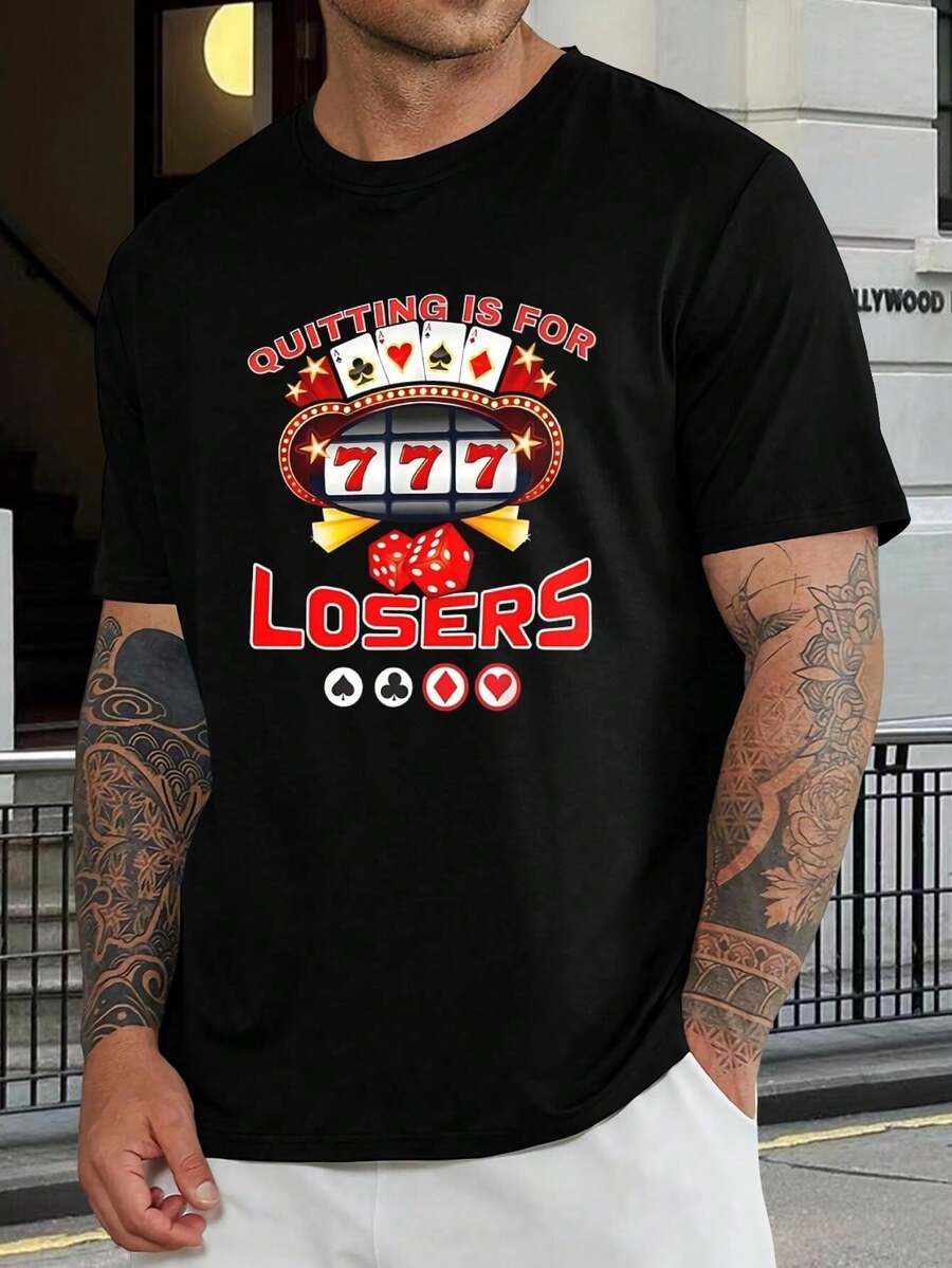 Camiseta de juego de azar con suerte para hombre, camiseta de casino póquer, divertida camiseta gráfica 'Dejar es para perdedores', camiseta informal de algodón para verano, manga corta para jugadores de juegos de azar - Negro - Ver 1