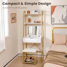 Vanity Desk Set With Flip-Up Mirror, Ladder Vanity Table And Cushioned Stool Set W/ 4 Storage Compartments, Small Makeup Vanity - 1 - View 3