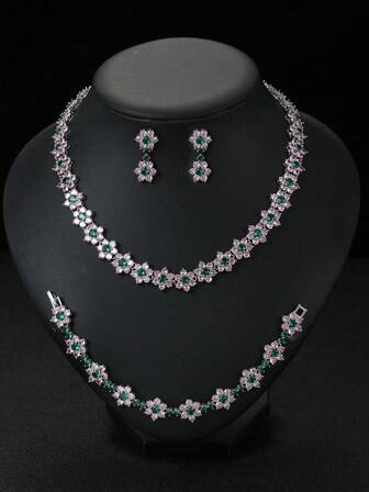 1 Set de 4 piezas de Joyería Minimalista Floral Colorida con Circonita - Collar, Aretes, Pulsera - Elegante para Novia, Boda, Fiesta Formal, Compromiso, Uso en Días Festivos