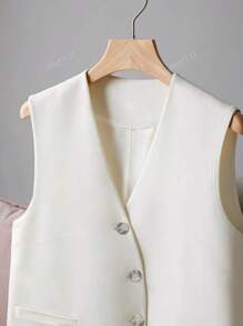 Blazer casual in lino con scollo a V asimmetrico monopetto e senza maniche, adatto per primavera/estate, da donna