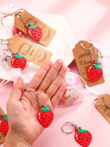 Llaveros con forma de fresa como recuerdos para invitados de fiesta de cumpleaños, bolsas blancas de regalo, etiquetas de agradecimiento, recuerdos con tema de frutas para fiestas, Navidad