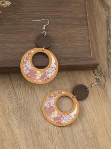 1 Pair Bohemian Style Wooden Floral Print Earrings, Double Circle Single-Side Colorful Flower Pattern Unique Yellow Ear Accessories