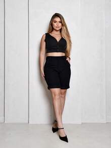 Women's Bermuda Jeans Wide Baggy Turned Hem High Waist - 濃烈的黑色 - 查看 5