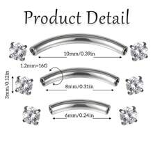 Set de 3 piezas de joyas para perforaciones de ceja, cartílago, labio y daith, de acero quirúrgico en formas de barras curvadas de 6mm, 8mm y 10mm, calibre 16G, para mujeres y hombres