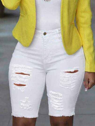 Women's Distressed Skinny Solid Color Pocket Summer Casual Denim Shorts, With Pockets And Frayed Hem, Medium Stretch, Sexy Style White