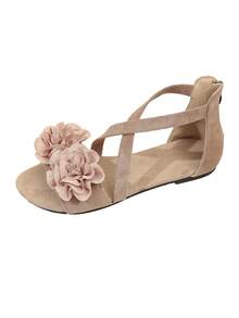 1 双女士凉鞋 - 优雅甜美风格，交叉绑带、花卉装饰和后拉链细节 - 舒适时尚，适合夏季、休闲外出、日常穿着和各种场合 - 米色 - 查看 2