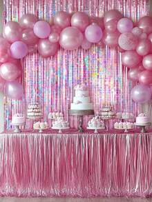 2 片银色箔片流苏窗帘，闪亮金属粉色底，适合装饰生日、婚礼、派对、70 年代、80 年代、90 年代迪斯科主题、单身派对、彩虹派对、冬季圣诞节装饰 - 粉色 - 查看 6