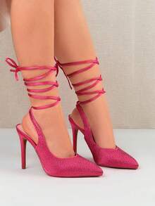 Sandales à talons hauts sexy à bouts pointus avec lacets et brillants, pour femmes - FUSHIA - Voir 4