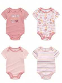 Set 4 Pañaleros Algodón Manga Corta Mamelucos Ropa De Bebés - Rosa - Ver 2