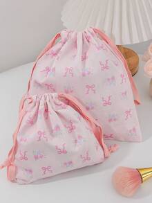 1 件/套粉色蝴蝶结和玫瑰设计大容量化妆品收纳袋带蕾丝，旅行护肤抽绳收纳袋，卫生巾包短途旅行必备时尚便携式化妆包，多功能收纳袋，可装口红、卫生巾、硬币、钥匙等，大容量可爱洗漱包，旅行收纳化妆包，母亲节礼物，返校礼物