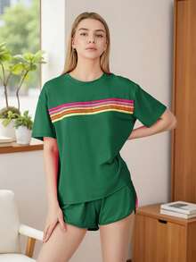 2 Piece Lounge Sets For Women Summer Rainbow Striped Tops Casual Shorts Color Blocked Suit Sweatshirts Set - Green - View 3