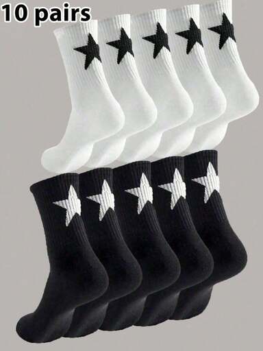 10 Pares de Meias Unissex de Estilo de Rua com Padrão de Pentagrama Preto e Branco, Casuais, Simples, Moda Versátil, Cano Médio, Outono