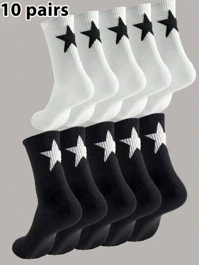 10 Pairs Unisex Street Style Black & White Pentagram Pattern Casual Simple Fashion Versatile Mid-Calf Socks, Fall