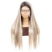 Blonde Ombre 13x4 Synthetic Lace Front Wigs For Women 22 Inch Long Straight Glueless Kanekalon Hair Resistant Synthetic Hair Wigs Free Part 150% Density HD Transparent Wear And Go Wigs Heat Resistant Fiber Wigs For Women Daily Party Vacation Holiday Use