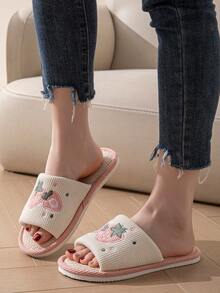 Women Casual Thermal Lined Strawberry Embroidered Indoor Slippers, Comfortable Home Slippers, Autumn/Winter - Strawberry Pink Breathable - View 5