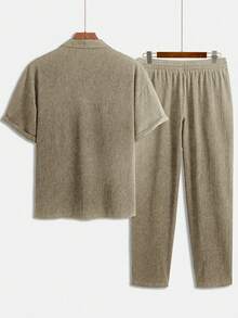 Men's Textured Casual Polo Shirt & Pants Set - Khaki - View 2