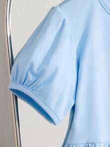 1pc Girls Simple Fashion Butterfly Comfortable Puff Sleeve Round Neck Dress, Spring/Summer - Blue - View 5