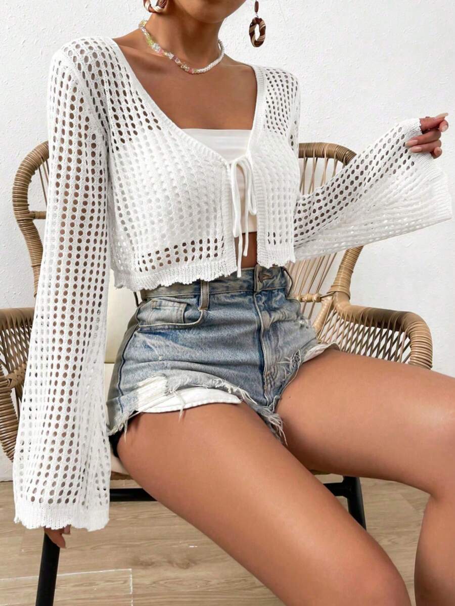 加大码纯色镂空短款针织开衫 白色 春季 - 白色 - 查看 1