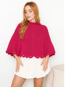 Knitted Poncho With Wave Detail - 玫紅色 - 查看 1