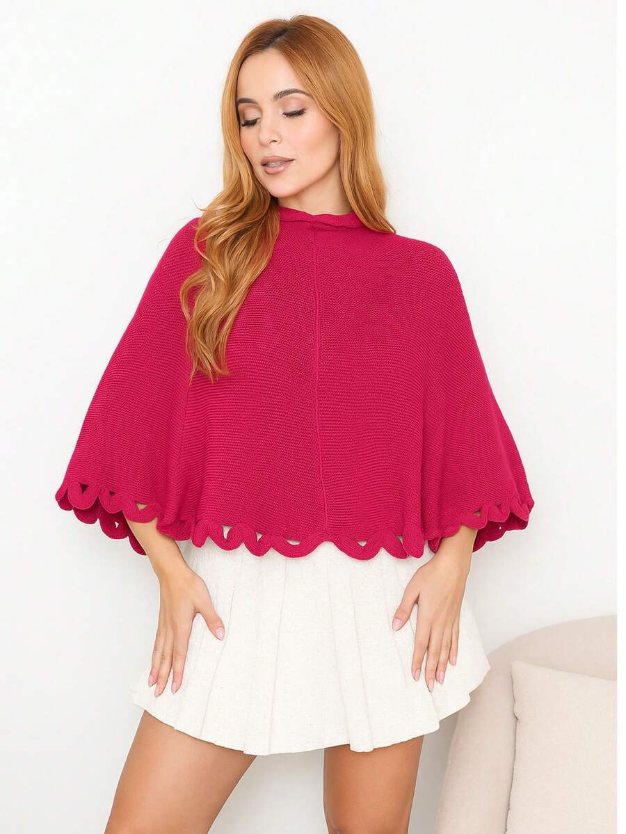 Knitted Poncho With Wave Detail - 玫紅色 - 查看 1