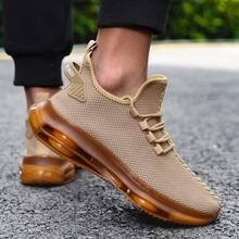 1 双男士透气针织运动鞋 - 休闲系带跑鞋,带气垫,防滑 PVC 外底,织物鞋面、衬里和鞋垫,合成鞋底,纯色,适合所有季节 - 卡其色 - 查看 7