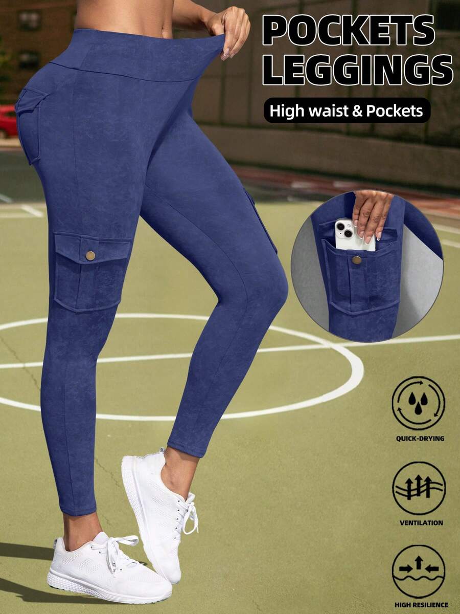 Women's Outdoor Cargo Leggings, Cargo Pockets Lift Butt Tight Pants, Sports Exercise Skinny Tights - Dusty Blue - View 1