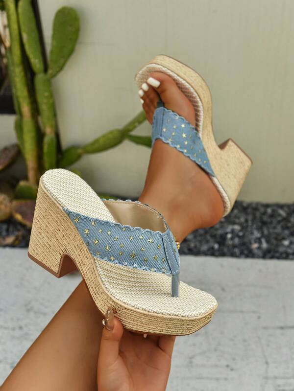 Women's Rope Braided Decor Bohemian Style Fake Linen Thong Wedge Platform Sandals. Fashionable Spring/Summer Thick Bottom High Heel Sandals. Suitable For Daily Outfit, Party, Vacation, Gathering, Banquet, Wedding, Fashion Show. Goes Well With Camisole, T-Shirt, Blouse, Bikini, Skirt, Dress, Shorts.