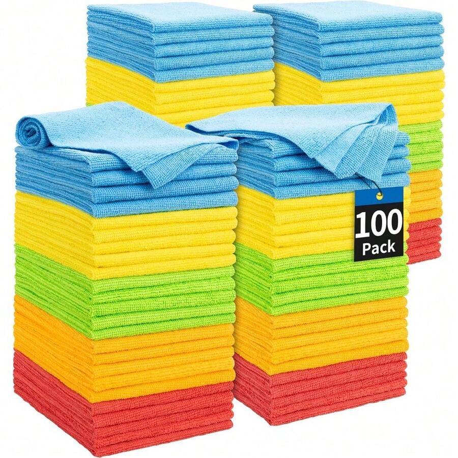 Microfiber Cleaning Cloths, 100 Pack Cleaning Rags Microfiber Towels Bulk Absorbent Lint-Free Washcloths, All-Purpose Cloth Wipes For Car, Shop, Garage, Household Cleaning 11.5"*11.5" - Assorted - View 1