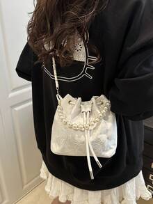 1 件链条抽绳封口面料印花水桶包，带刺绣珍珠装饰，可爱蝴蝶女士派对晚会单肩斜挎口红手拿包，时尚礼物，适合派对和日常使用