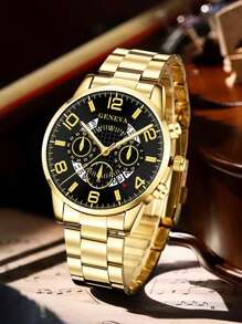 4-Piece Men's Gold Strap Fashion Casual Mixed Scale With Calendar Quartz Watch Bracelet Necklace Ring Jewelry Set Suitable For Daily Wear Decoration Or Holiday Gifts