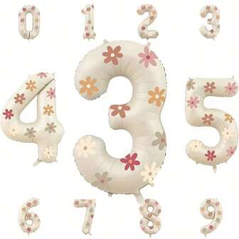 32 Inch Cream Aluminum Numeric Balloons 0-9 With 12pcs Daisy Flower Stickers - Perfect For Birthday, Wedding, Anniversary, Festival Party Balloon Decoration Supplies