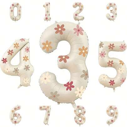 32-Inch Cream Aluminum Number Balloons (0-9), Comes With 12 Daisy Stickers - Birthday, Wedding, Anniversary, Holiday Party Balloon Decorations