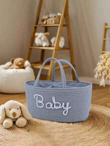 1pc Baby Diaper Basket, Toy Storage Basket, Portable Woven Divided Organizer Basket With Removable Liner, Letter Design Woven Storage Basket For Nursery Supplies - Multicolor - View 3
