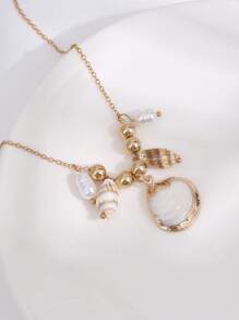 1pc Minimalist Fashion Seashell Beaded Pendant Necklace, Women Beach Holiday Everyday Jewelry