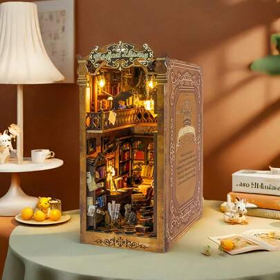 Inspired Library Bookshelf Room Decoration Model Kit, DIY Wooden Miniature Assembly Craft, Ideal For Easter, Halloween, Birthday Gift