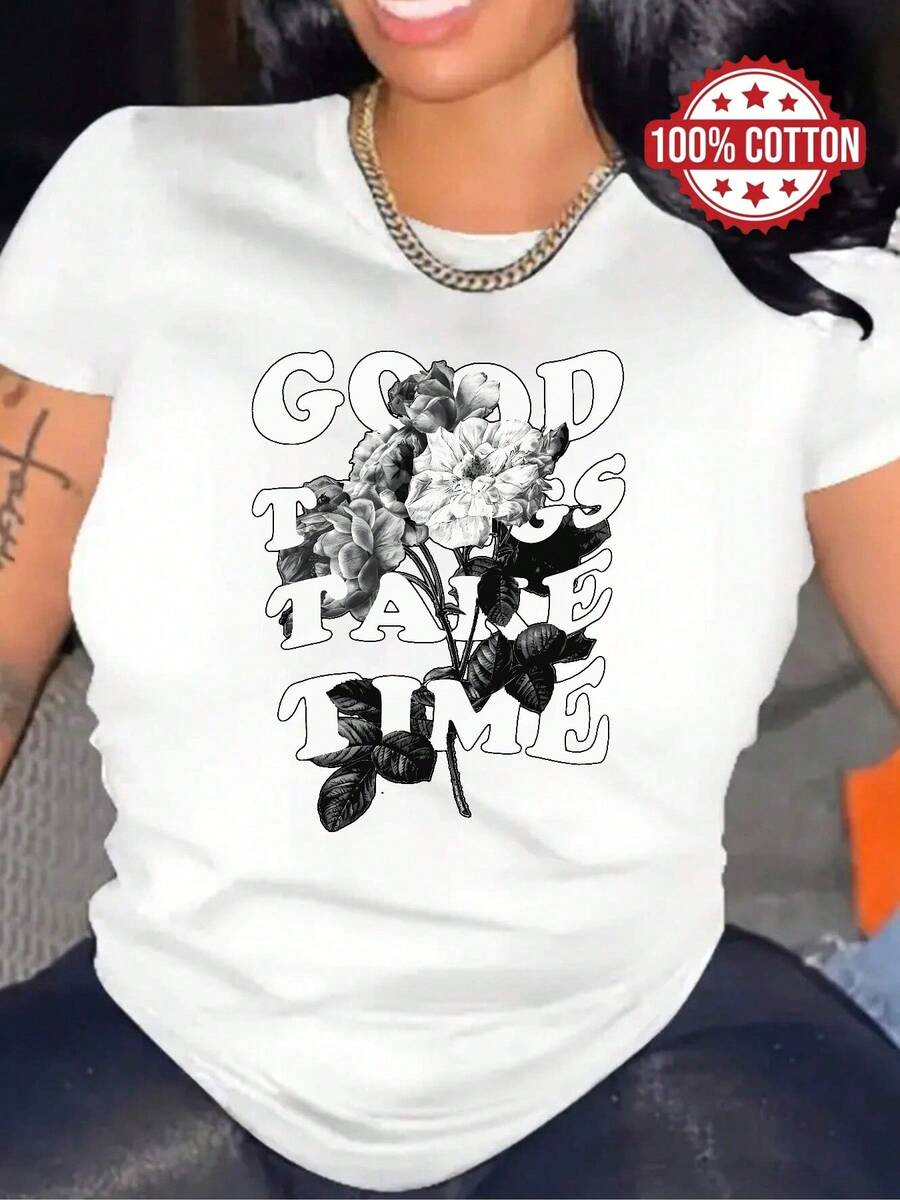100% cotton T-shirt | Shipped from Mexico | High-quality breathable fabric | Women's black and white loose short-sleeve printed cotton black shirt white text floral design Trendy sporty round neck casual top - Blanco - Ver 1