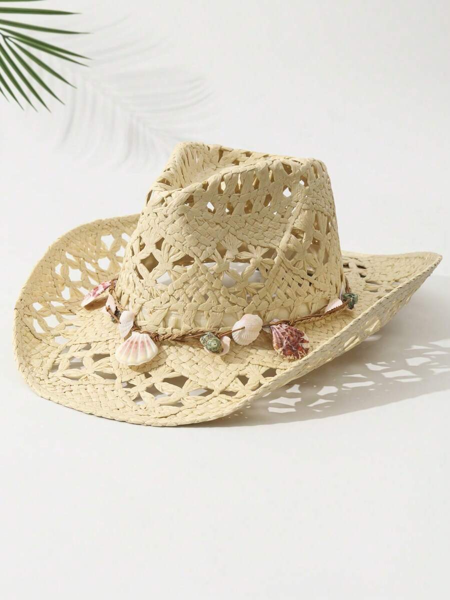 1 件男女通用绿松石装饰牛仔帽镂空印花牛仔帽春夏旅行遮阳沙滩帽休闲太阳帽草帽