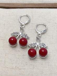 1 Pair CZ Cherry Blossom Earrings, Sweet Red Fruit Series Cherry Earrings, Unique Fashion Earrings For Ladies, Suitable For Daily Wear And Party Occasions