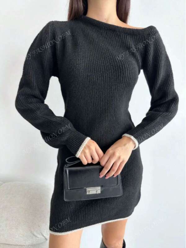 Elegante effenkleurige casual asymmetrische/asymmetrische zoom trui-jurk, perfect voor vakantie