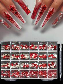 Nail Art DIY Kit With Red Assorted Mixed Rhinestones - Press-On Nails Decoration Accessories For Home & Party Use, Portable Manicure Design Set - Red - View 1
