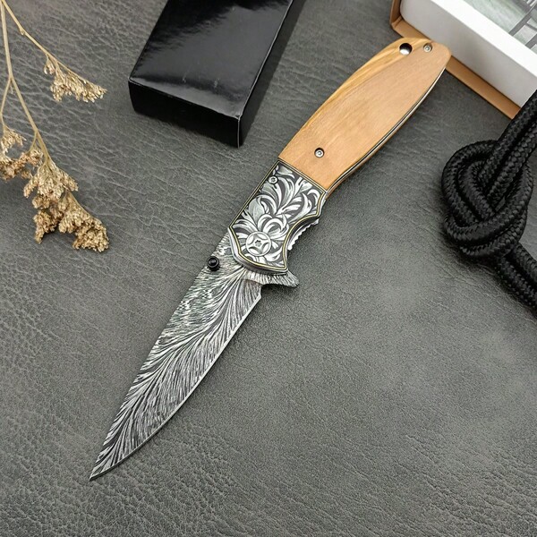 Ambidextrous Folding CM77 Pocket Knife Outdoor Wooden Handle 8Cr13Mov Blade Manual Open Everyday Carry Multi-Fuctional EDC Knife