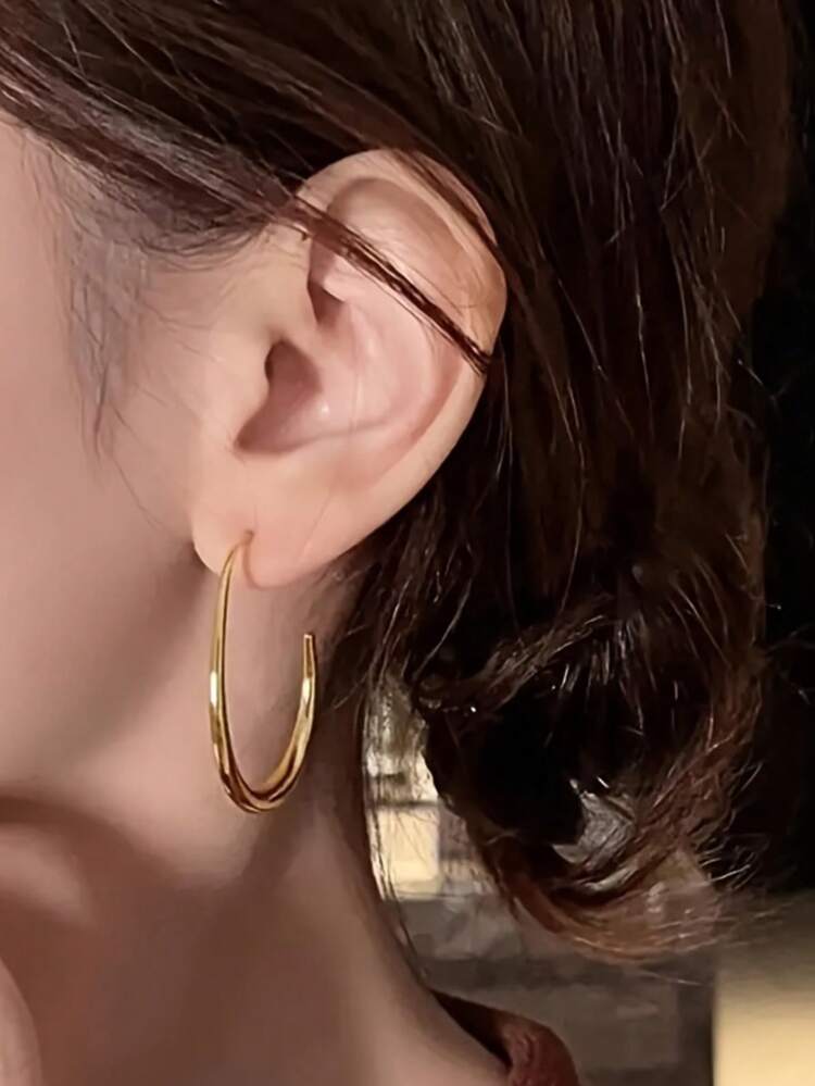 1 Pair Elegant Hollow Waterdrop Design Stainless Steel Hoop Earrings, Smooth Texture, Suitable For Women's Casual Daily Wear - Silver Oval Water Drop - View 4