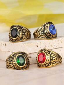 MONALLY 18K Gold Plated Retro Letter  Cubic Zirconia Pendant Ring, Stainless Steel Material, Men's Jewelry, Father's Day, Birthday, Anniversary Gift, Suitable For Daily Wear - Ring - View 2