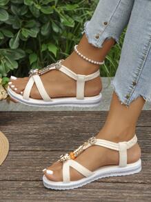 1 par de sandalias planas de dedo tipo "peep toe" con tiras elásticas estilo bohemio para adolescentes chicas de verano
