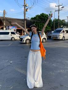 女士夏季字母图案短袖T恤 - 藍色 - 查看 8