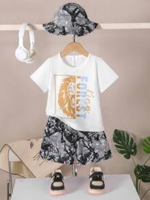 3pcs/Set Young Boys Casual Round Neck Letter & Lion Print Short Sleeve T-Shirt And Cargo Shorts Set, Suitable For Summer Casual Outdoor