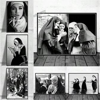 1pc/3PCS Wall Arts Posters Optional Frame Vintage Black And White Nuns Fun Art Posters Canvas Paintings Nuns Street Photography Photos Canvas Printing Images Retro Murals Home Decoration Frameless/Framed Canvas Art ,Wall Art With Frame