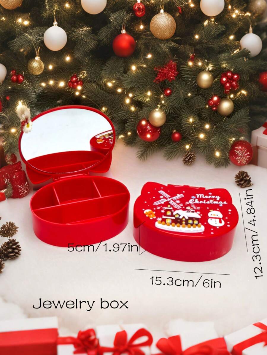 صندوق مجوهرات مطبوع عليه قطة بأذنين مع مرآة ، مناسب لتخزين وتعبئة المجوهرات والمستحضرات التجميلية ، صندوق هدايا عيد الميلاد الاحتفالي