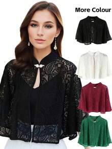 1 件女士优雅黑/白//蓝镂空蕾丝佩斯利图案波西米亚风格披肩斗篷，适合吊带裙、节日派对 - 腰果花 - 查看 1